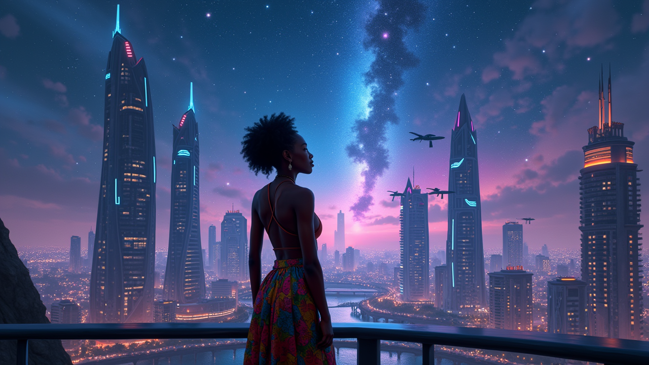 Futuristic cityscape at dusk